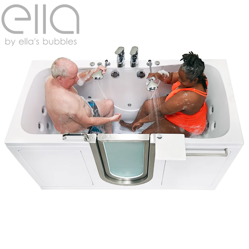 Couple in Two Person Dual Seat Bubble Walk In Tub with Door and Seat for Elderly Disabled Handicap