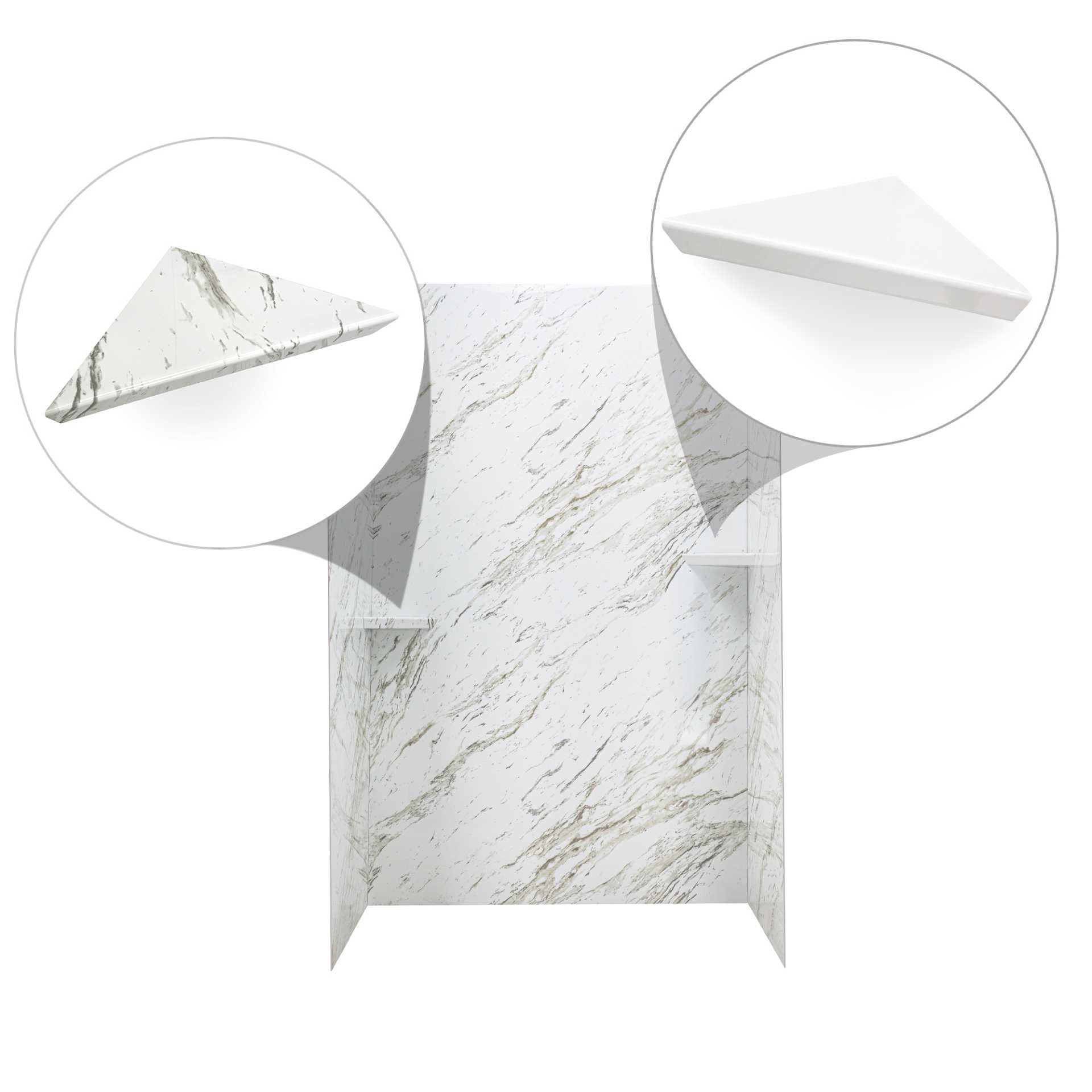 Vintage Calacatta, ensemble mural de douche en acrylique à 3 panneaux entouré de 40&nbsp;» x 60&nbsp;» x 98&nbsp;» - vintage calacatta shower shelves shampoo soap bathroom |