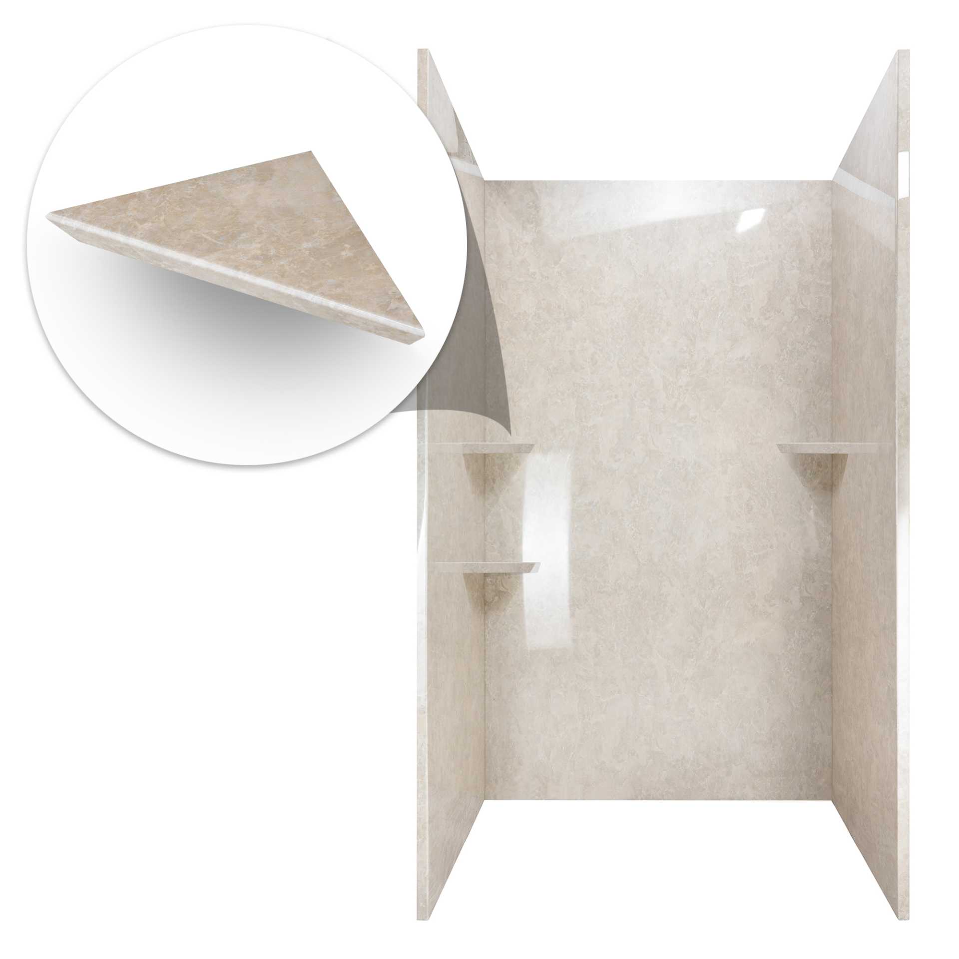 Encadrement mural de la douche en grès, en acrylique à 3 panneaux, 40&nbsp;» x 60&nbsp;» x 98&nbsp;» - sandstone acrylic panel shower wall bend and shelves |