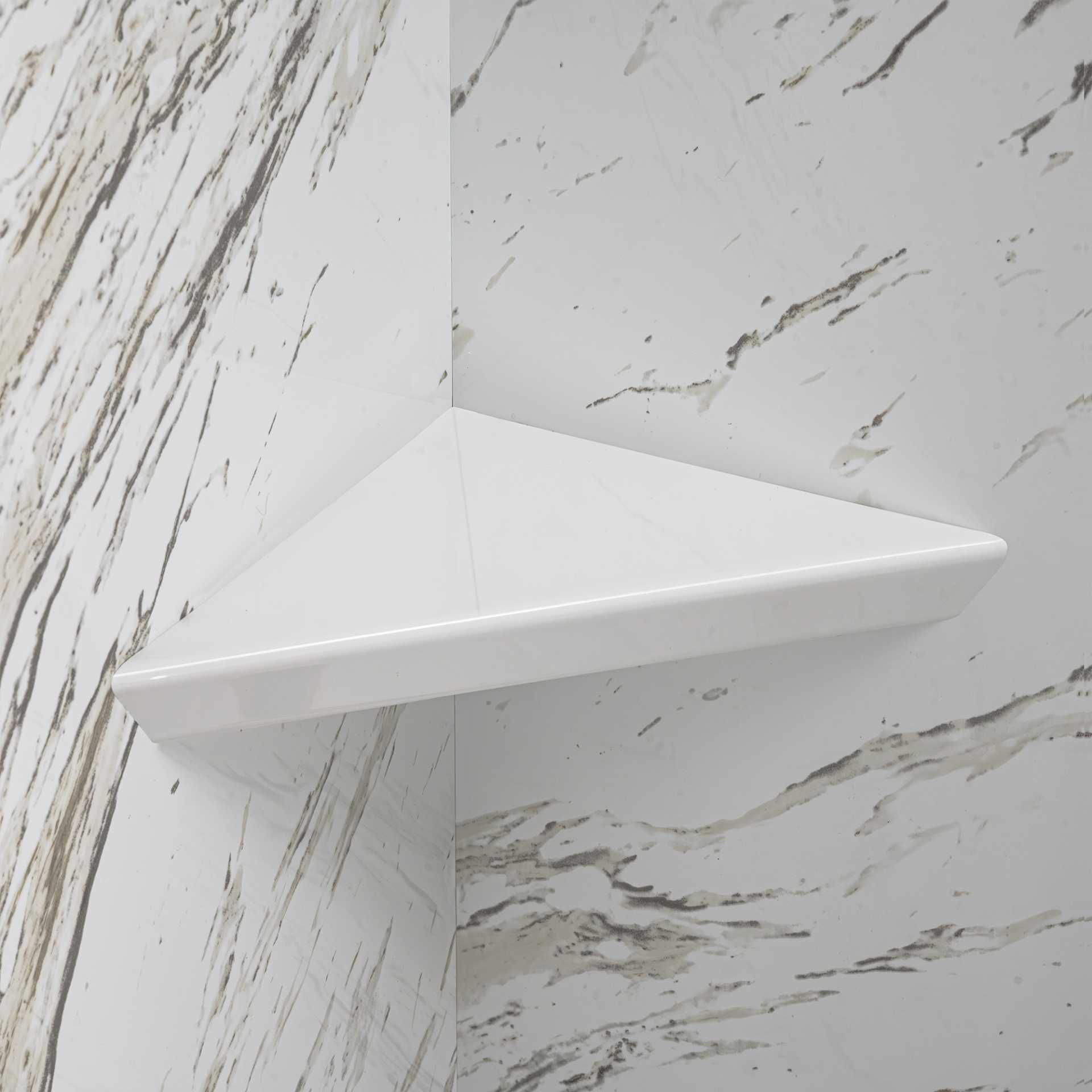 Vintage Calacatta, ensemble mural de douche en acrylique à 3 panneaux entouré de 40&nbsp;» x 60&nbsp;» x 98&nbsp;» - white shower shelf shampoo bathroom |