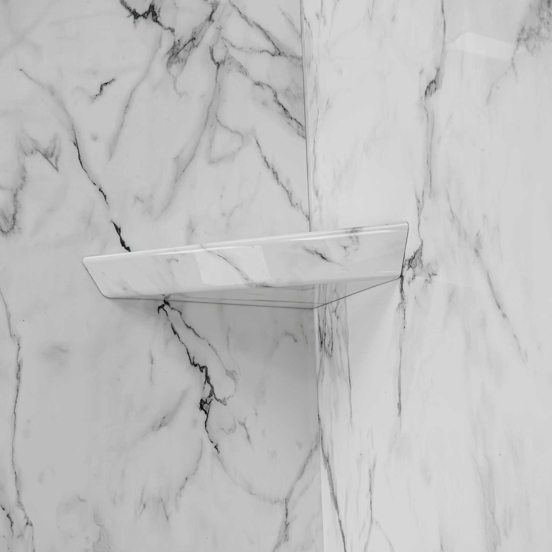 Artic Vein Calacatta, kit de douche acrylique à 3 panneaux entouré de 40&nbsp;» x 60&nbsp;» x 98&nbsp;» - Artic Vein calcatta corner bathroom shelf |