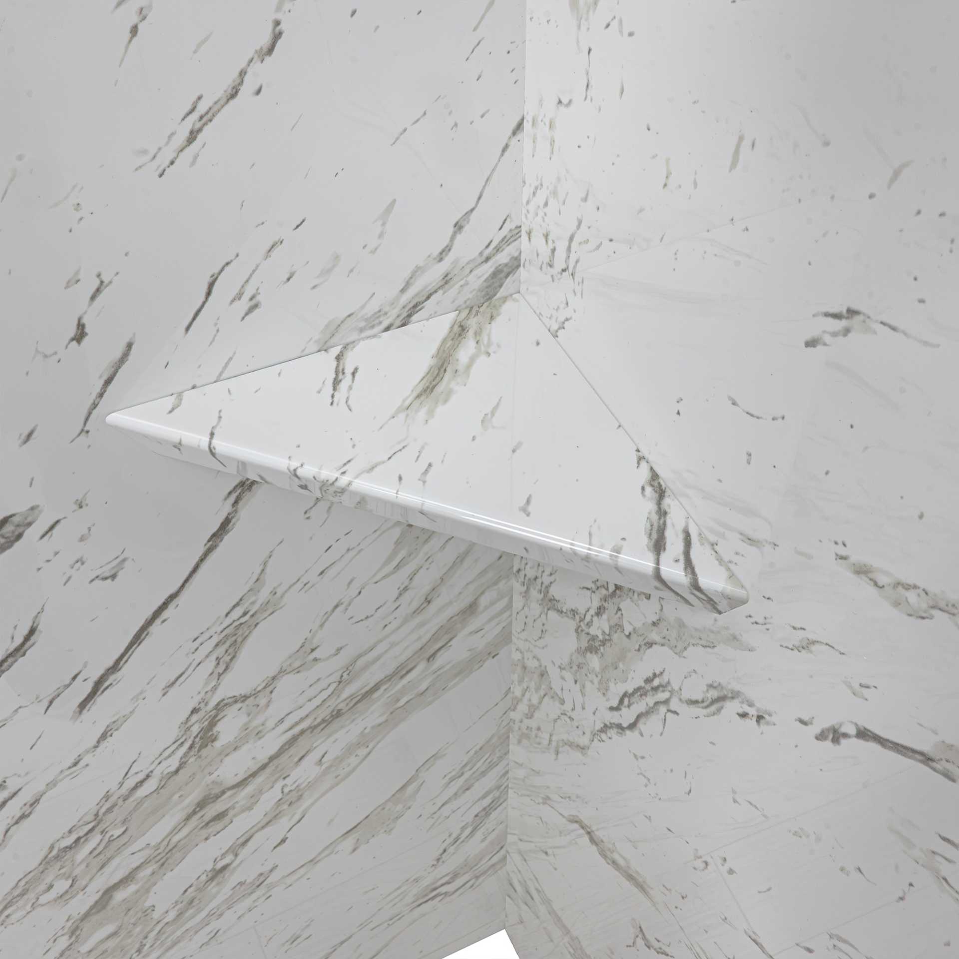 Vintage Calacatta, ensemble mural de douche en acrylique à 3 panneaux entouré de 40&nbsp;» x 60&nbsp;» x 98&nbsp;» - vintage calacatta textured shower shelf shampoo bathroom |