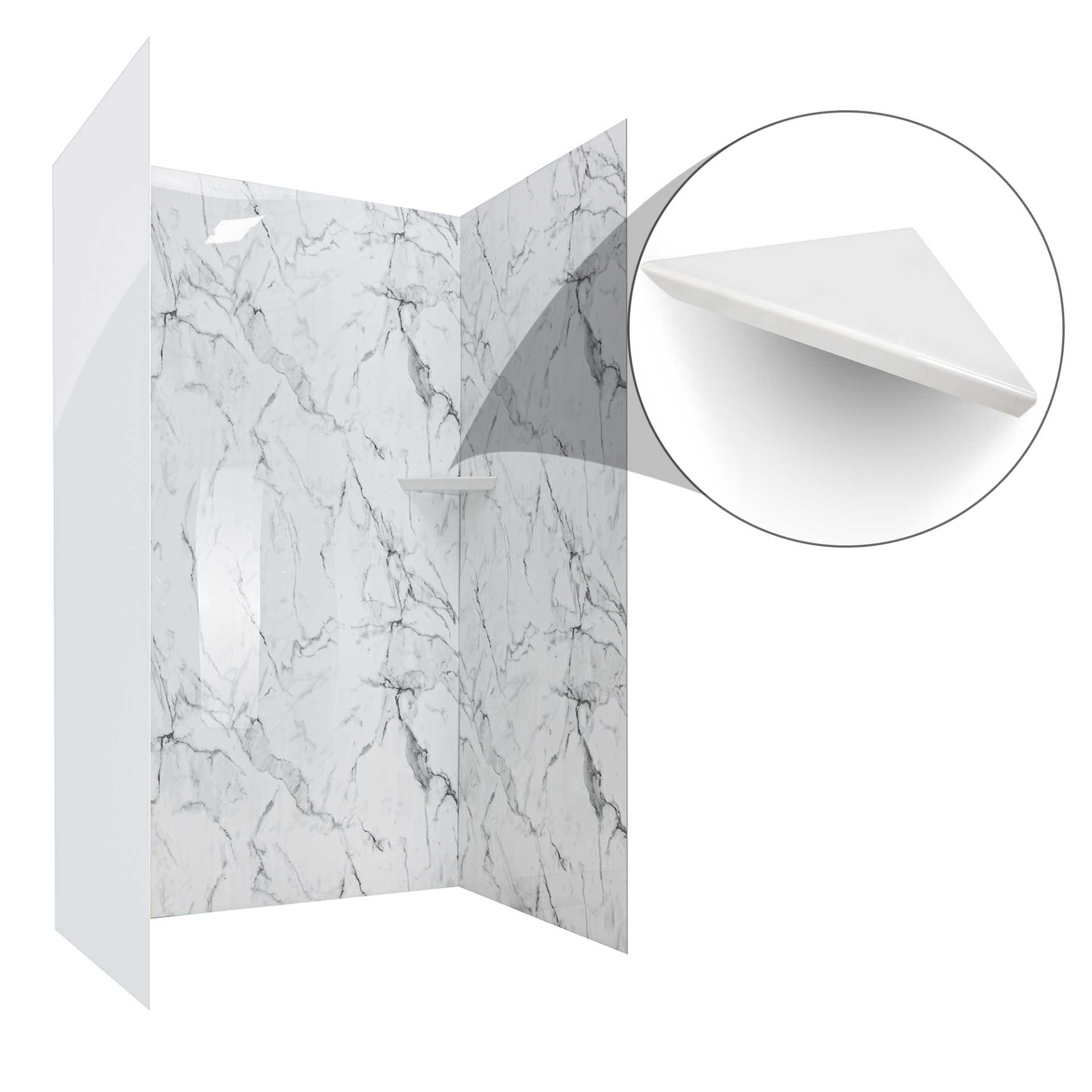 Artic Vein Calacatta, kit de douche acrylique à 3 panneaux entouré de 40&nbsp;» x 60&nbsp;» x 98&nbsp;» - Artic Vein calcatta corner bathroom acrylic shelf |