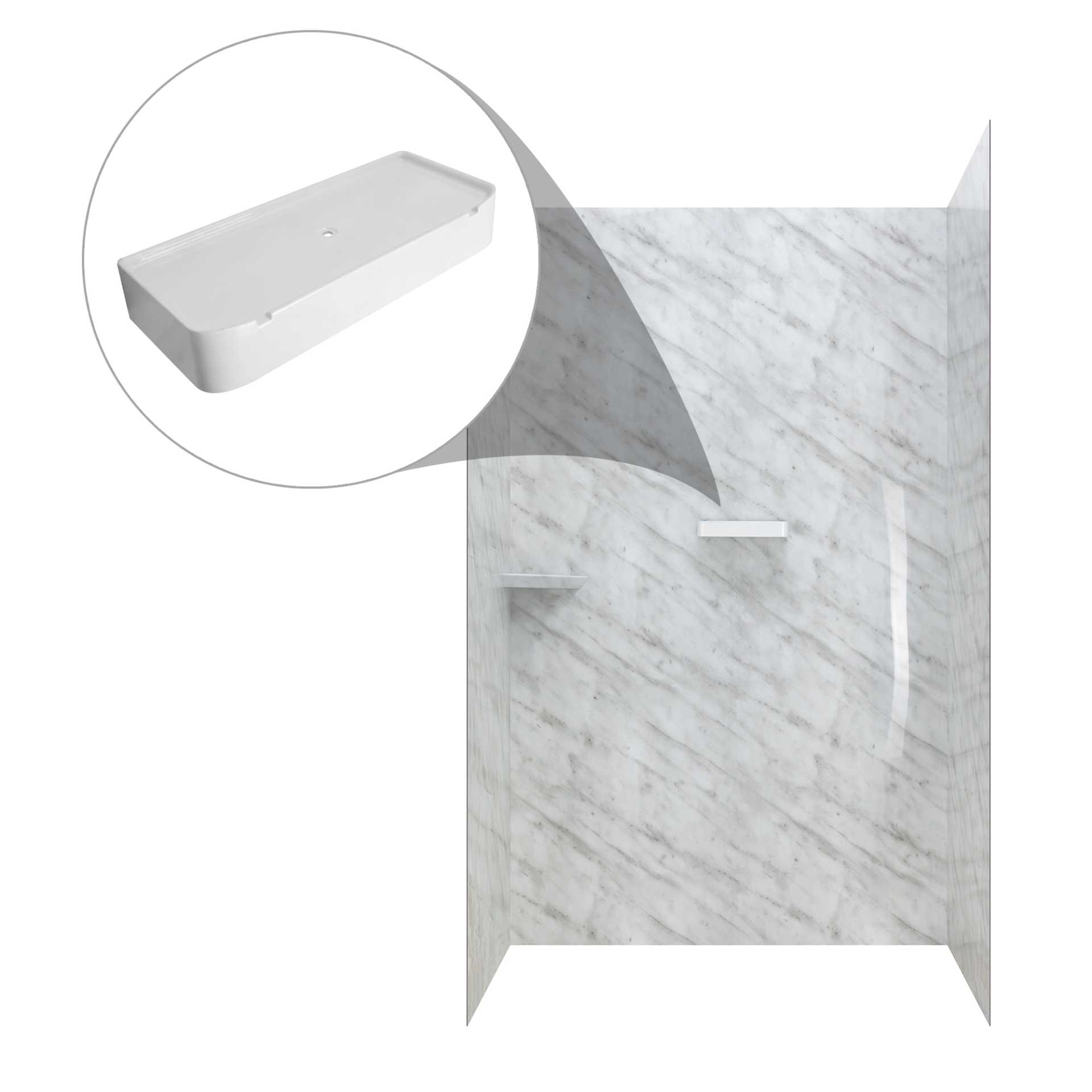 Ensemble mural de douche en marbre de Carrare, en acrylique à 3 panneaux, entourage de 40&nbsp;» x 60&nbsp;» x 98&nbsp;» - carrara marble acrylic 3 panel shower wall white shelf accessories |
