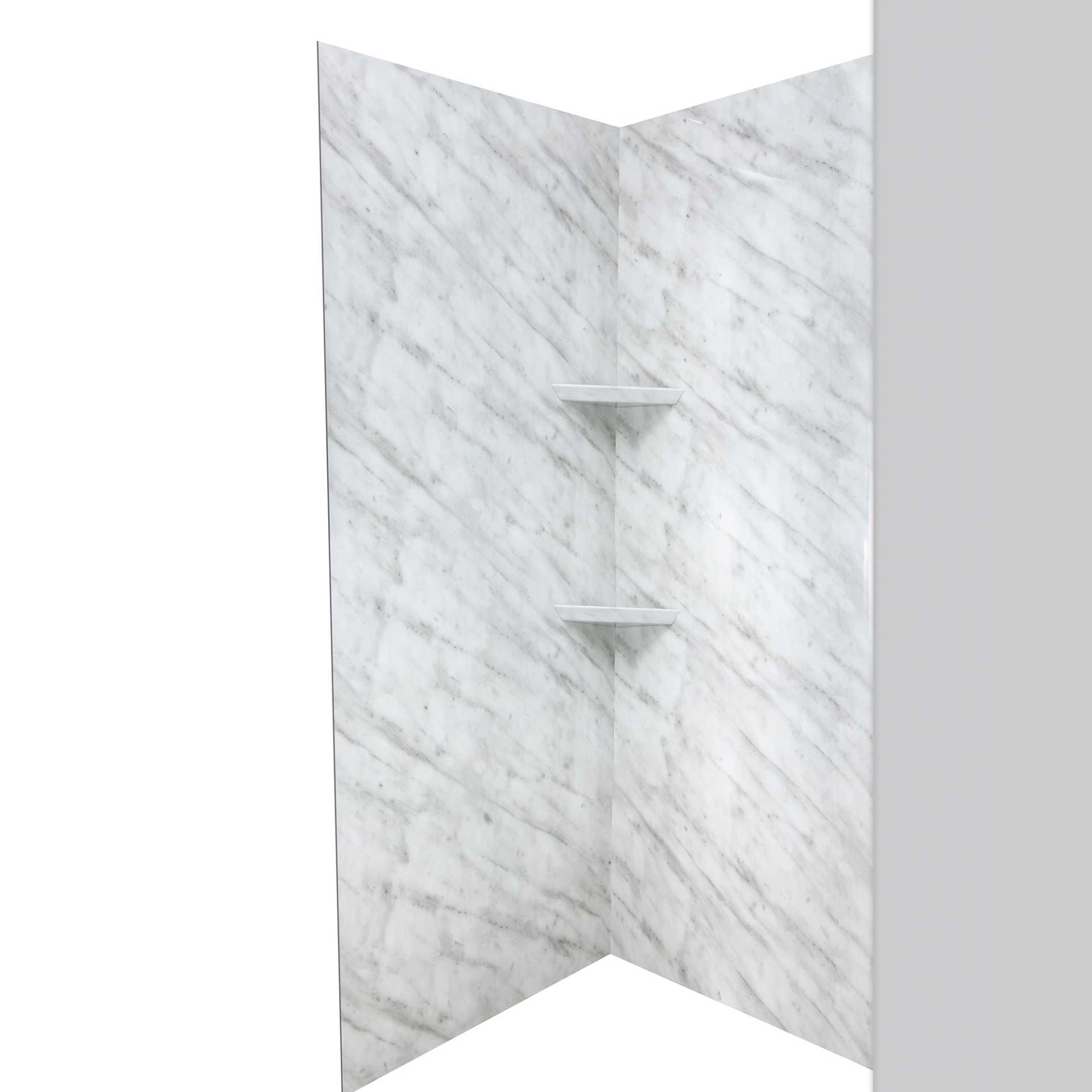 Ensemble mural de douche en marbre de Carrare, en acrylique à 3 panneaux, entourage de 40&nbsp;» x 60&nbsp;» x 98&nbsp;» - carrara marble shampoo shelves bathroom |